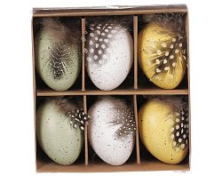 Veľkonočná dekorácia Vajíčka s pierkom (6 ks), žltá/biela/zelená%